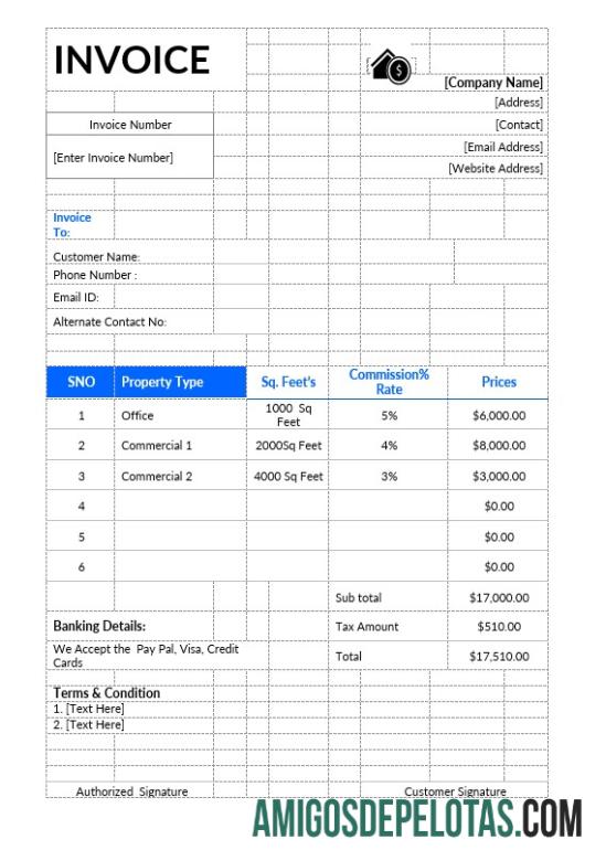 imprimível Modelo de fatura de imóveis comerciais